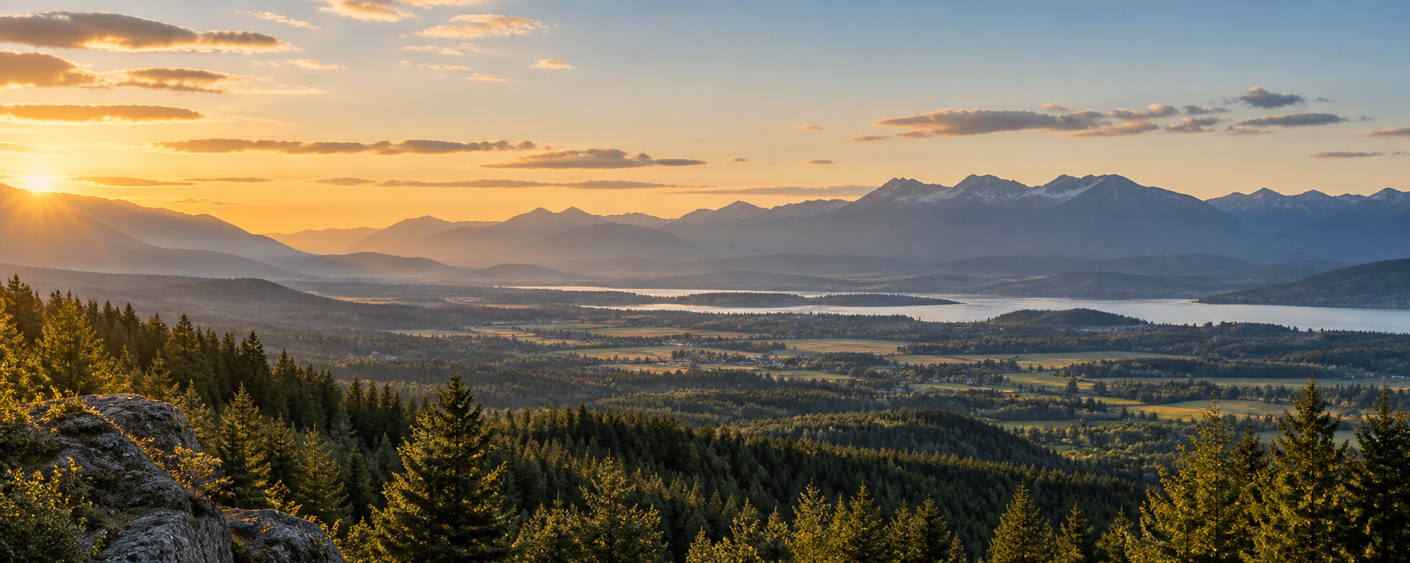 Golden-hour view across Northwest Montana's Flathead Valley and surrounding mountains