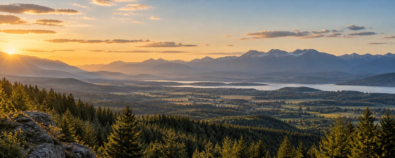 Golden-hour view across Northwest Montana's Flathead Valley and surrounding mountains
