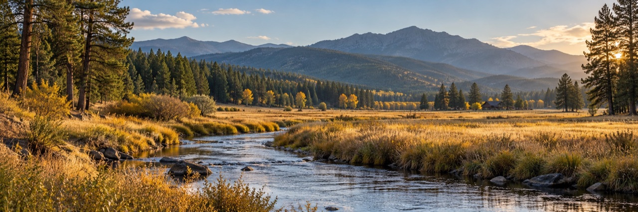 Illustrative Montana autumn meadow, creek, pines and mountain scenery